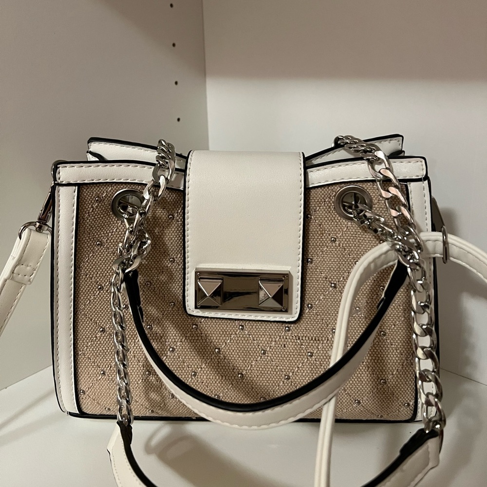 Beige and White Flap Crossbody Handbag